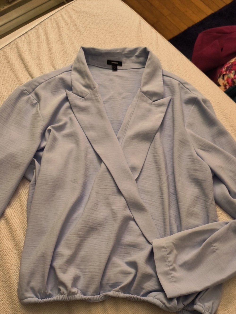 Express Light Blue Draped Open-Front Blouse